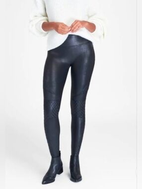 Spanx Faux Leather Quilted Moto Leggings Size XL